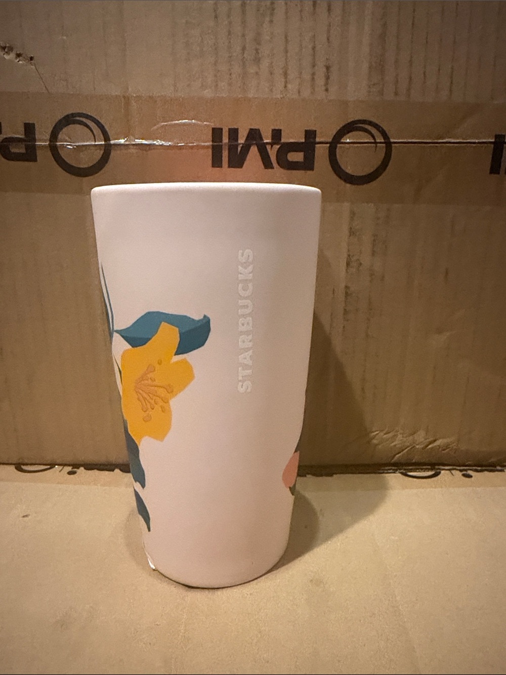 Starbucks Light Pink Ceramic Tumbler with Yellow Floral Accent
